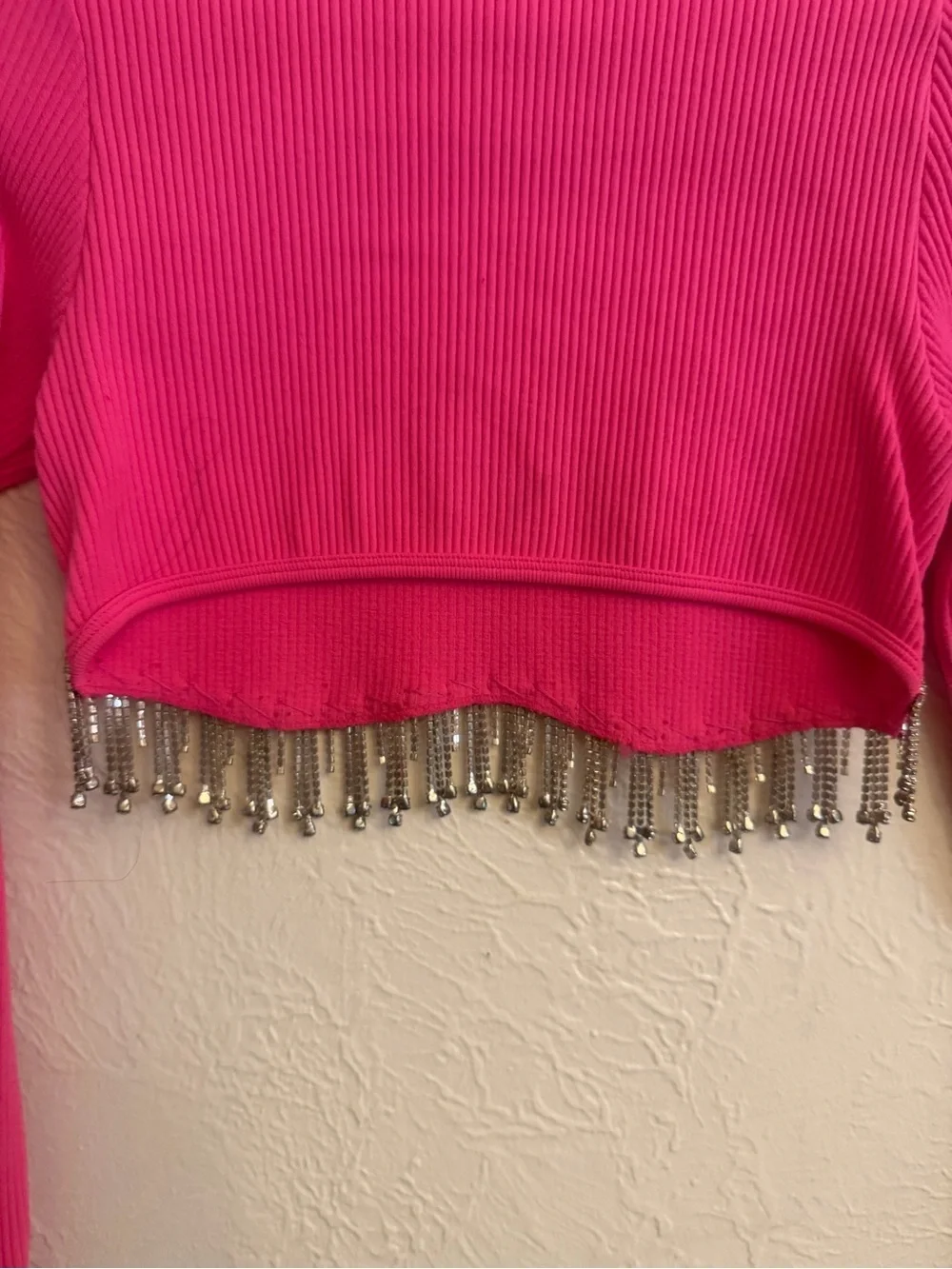 Sincerely Jules Cropped Pink Long-Sleeve Top with Beaded Fringe